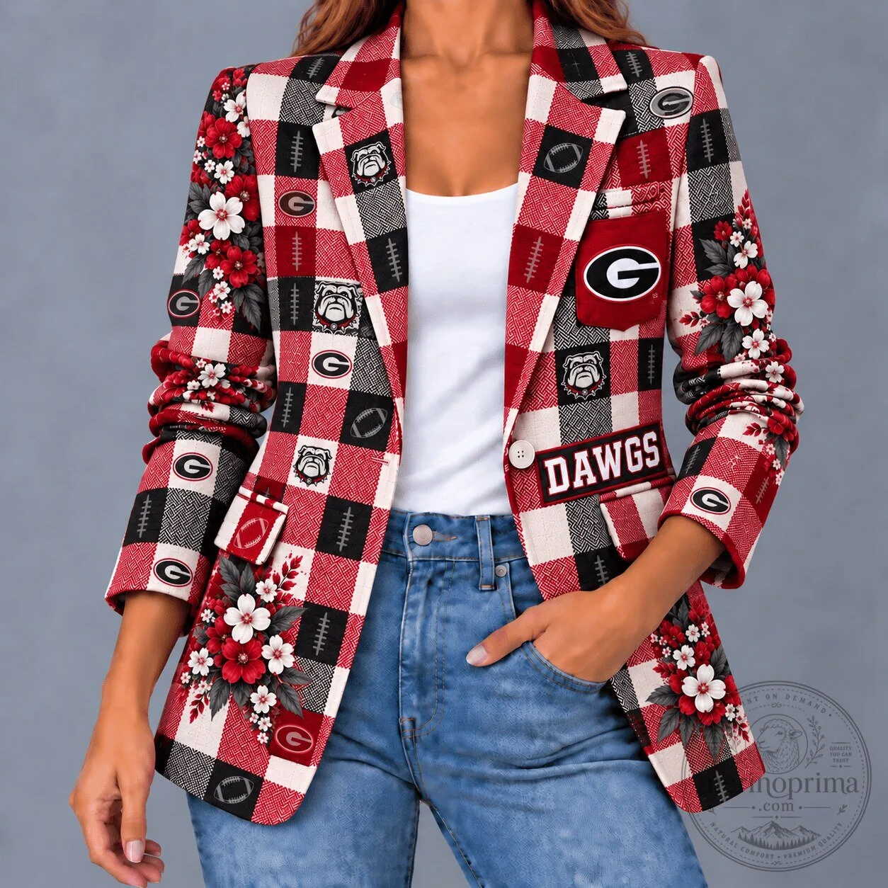 Georgia Bulldogs Football Floral Plaid Game Day Women's Blazer Jacket