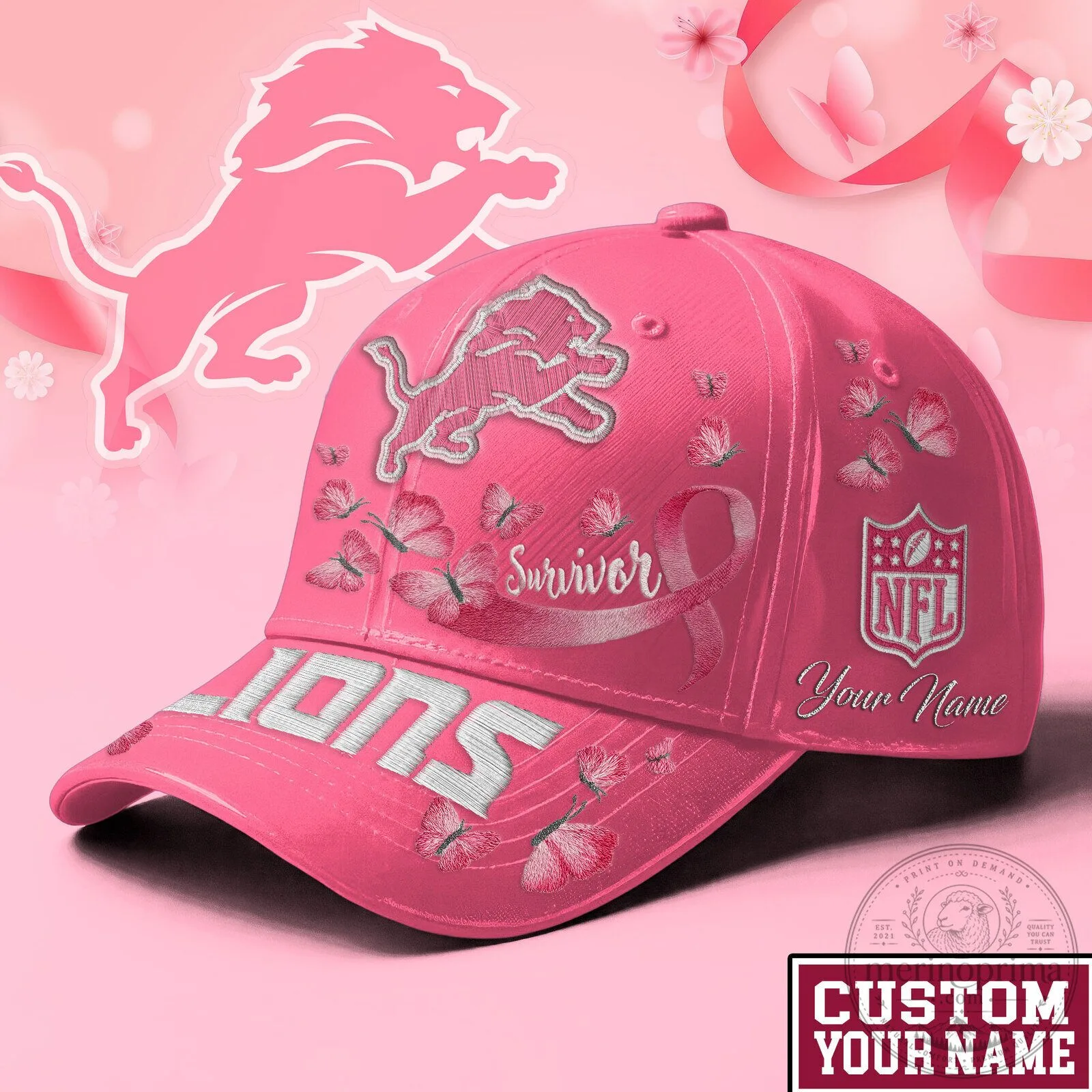 Detroit Lions Breast Cancer Survivor Pink Cap Hat