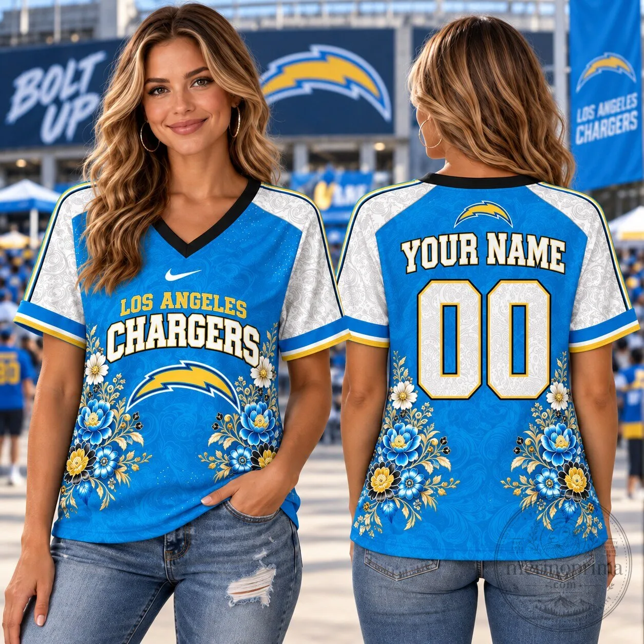 Los Angeles Chargers 1D Fan Shirt Personalized Floral V-Neck T-Shirt