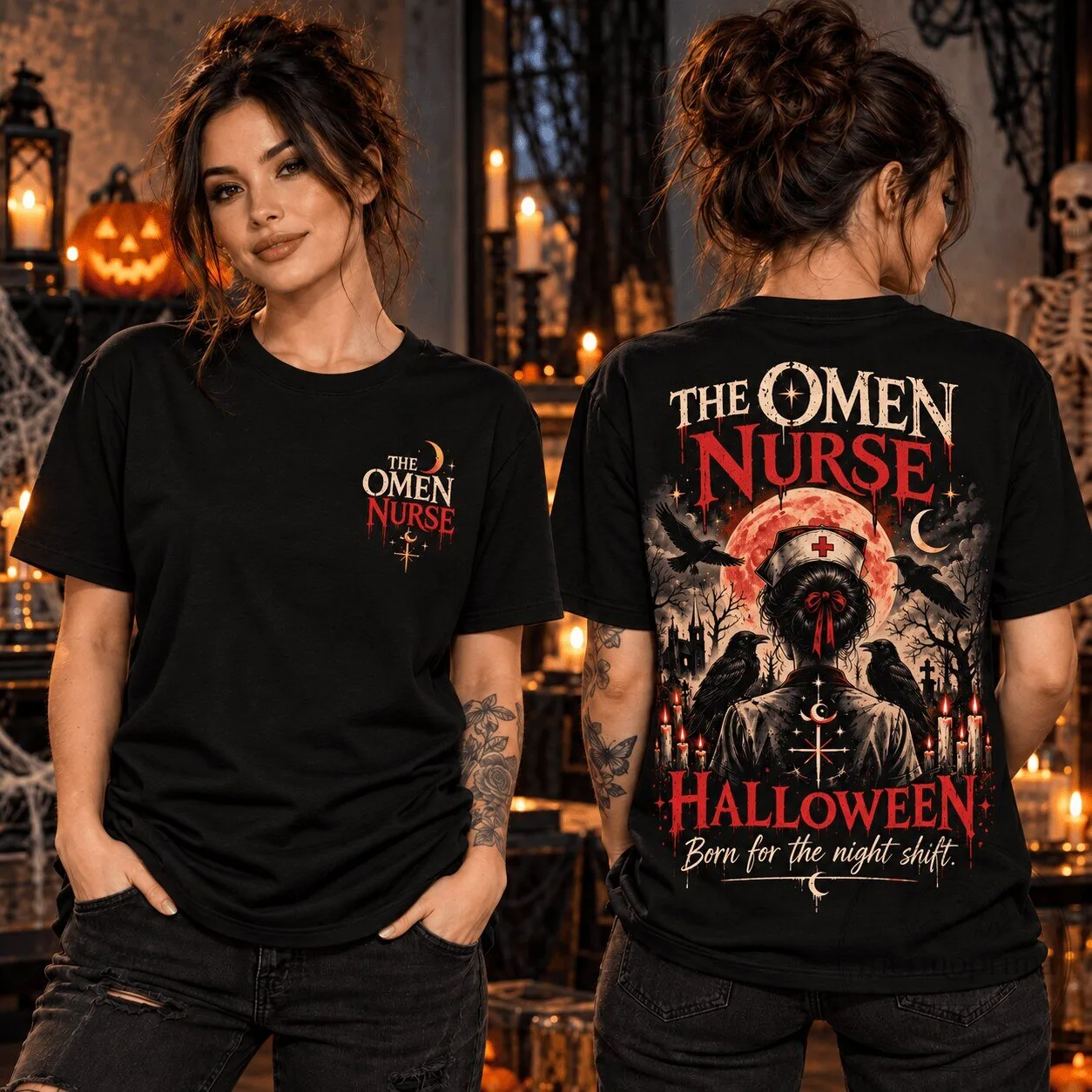 The Omen Nurse Halloween Horror Spooky Night Shift Black T-Shirt