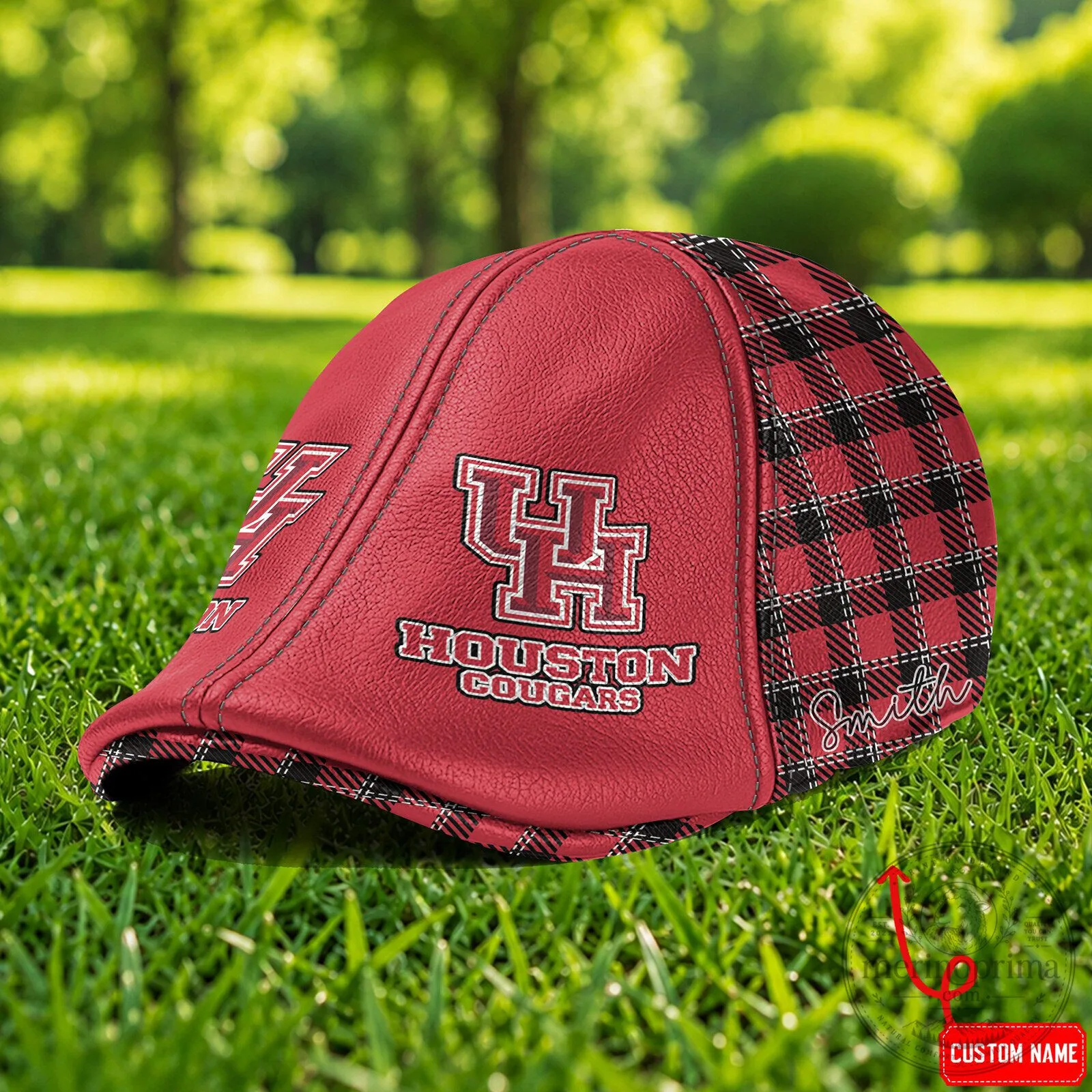 Houston Cougars NCAA Red Plaid Custom Name Ivy Cap Flat Cap