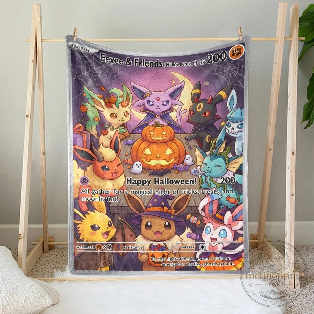 Happy Halloween Eevee and Friends Pokemon Card Fleece Blanket