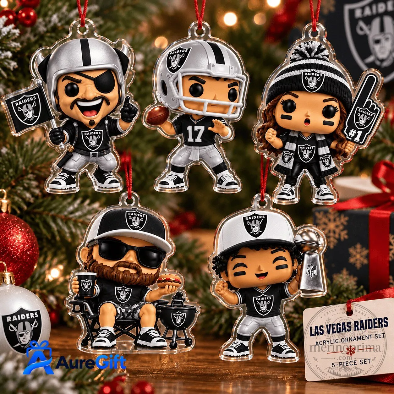 Las Vegas Raiders NFL Christmas Acrylic Ornament Set of Five Collectible Figurines