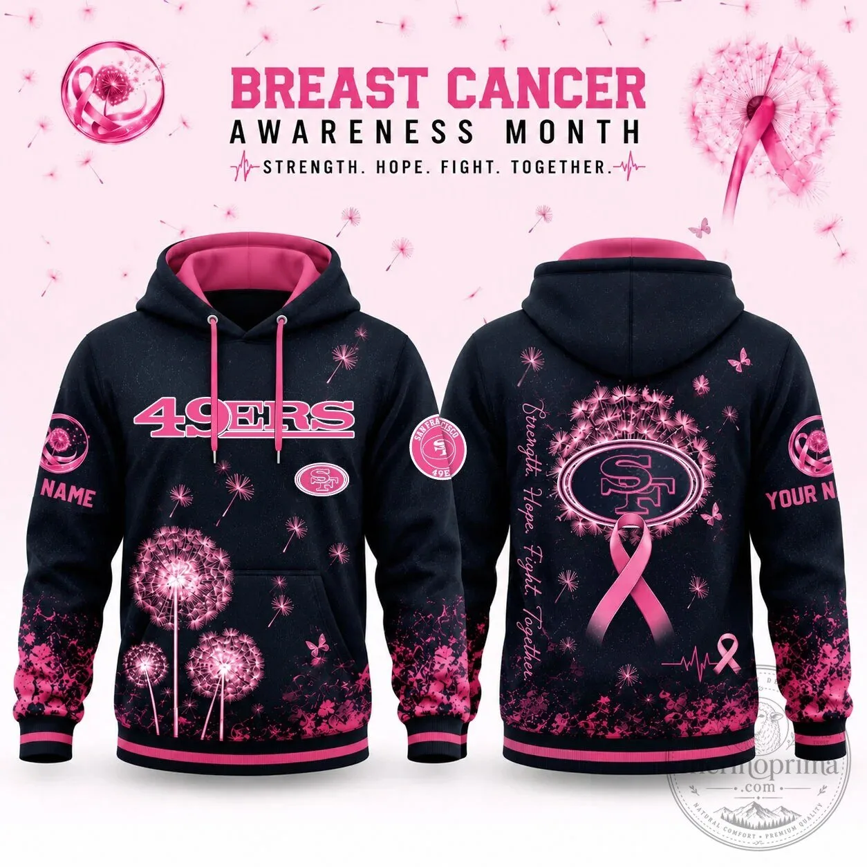 San Francisco 49ers Breast Cancer Awareness Dandelion Pink Ribbon Hoodie