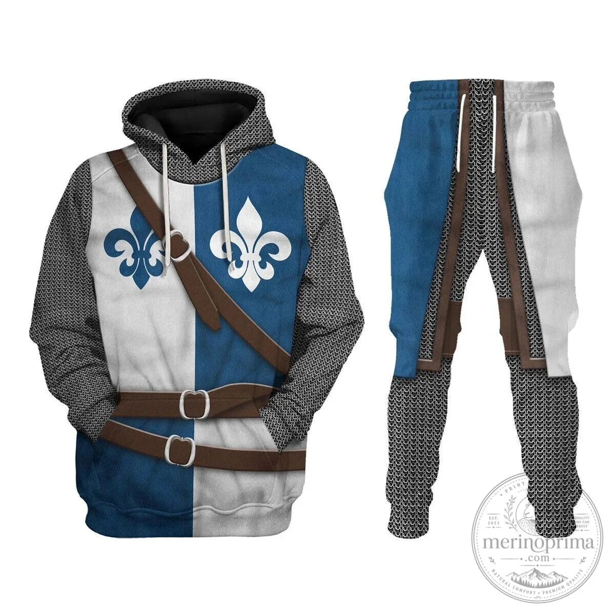 Medieval French Knight Templar Chainmail Armor Costume Hoodie and Pants Set