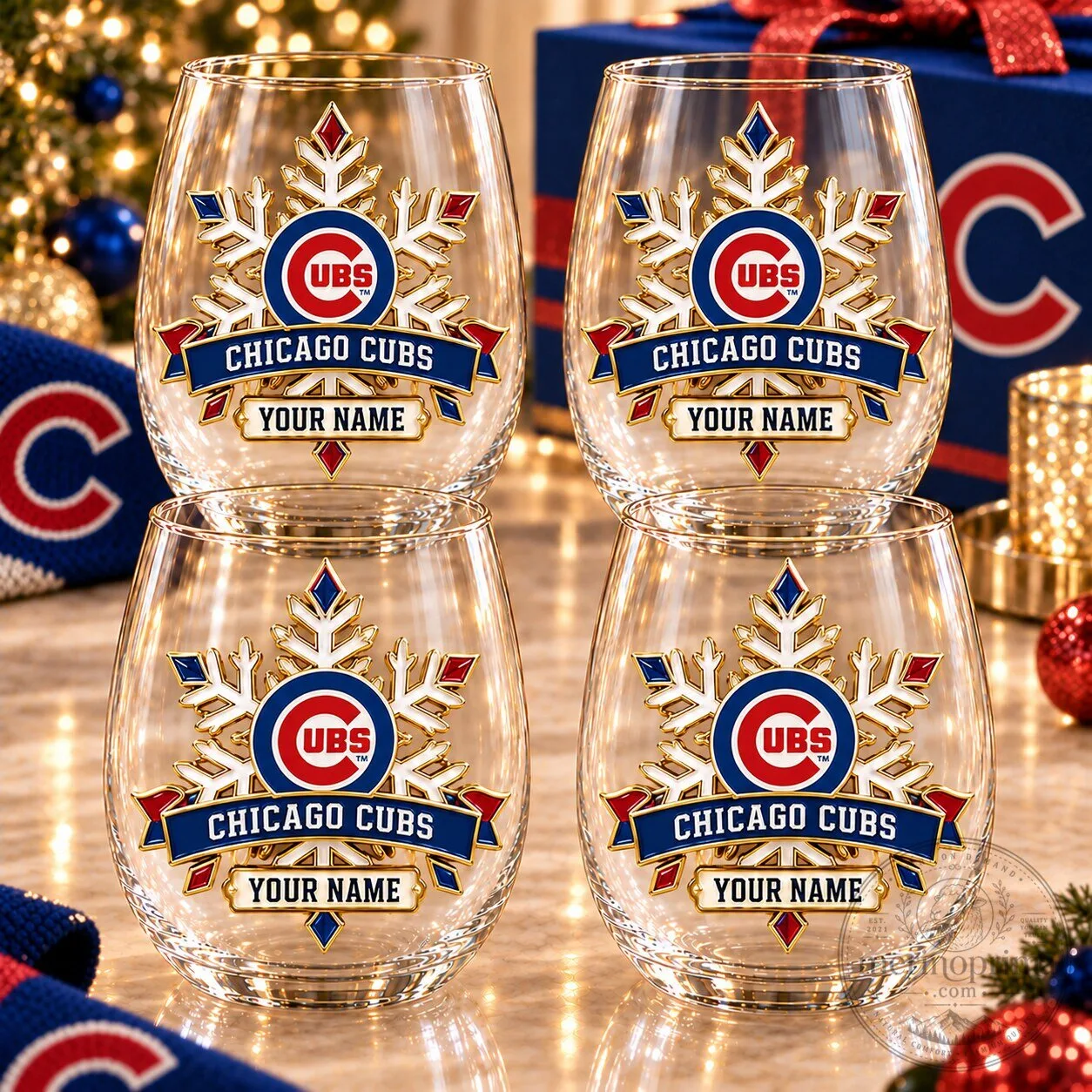 Chicago Cubs Baseball Team Snowflake Stemless Wine Glass Set