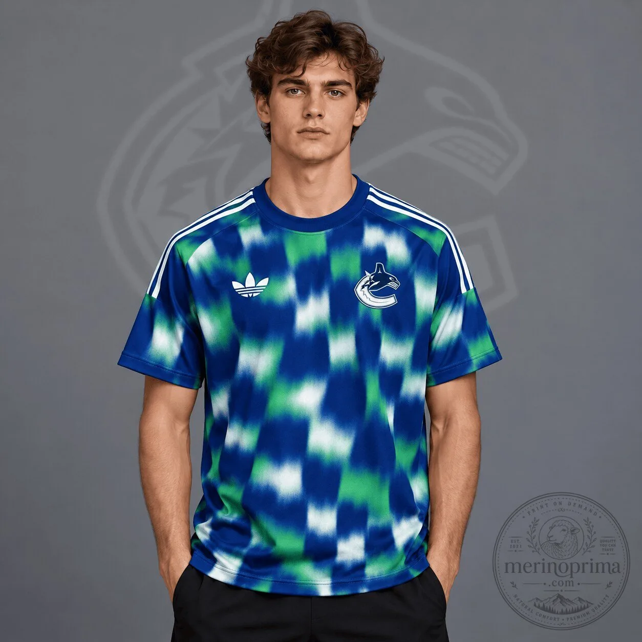 Vancouver Canucks Adidas Blue Green Blurred Checkered NHL Hockey T-Shirt