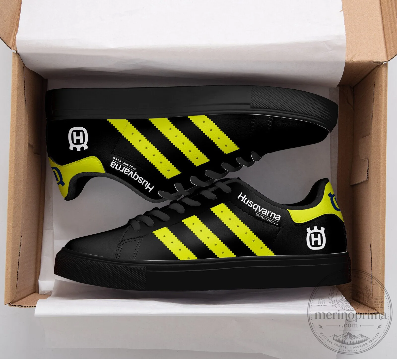 Husqvarna Motorcycles Black and Yellow Stripe Design Casual Shoes