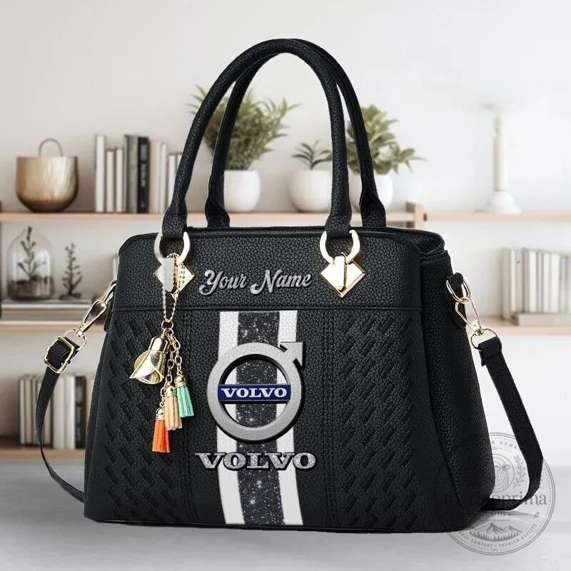 Personalized Volvo Car Logo Black Leather Handbag with Custom Name