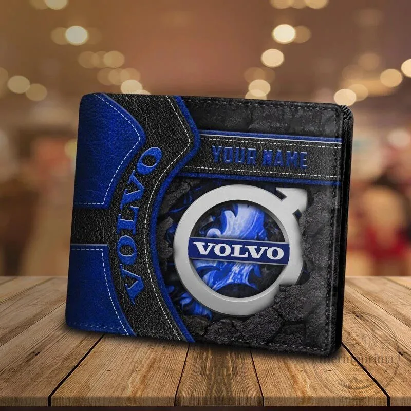 Volvo Custom Name Blue and Black Leather Bifold Wallet for Men