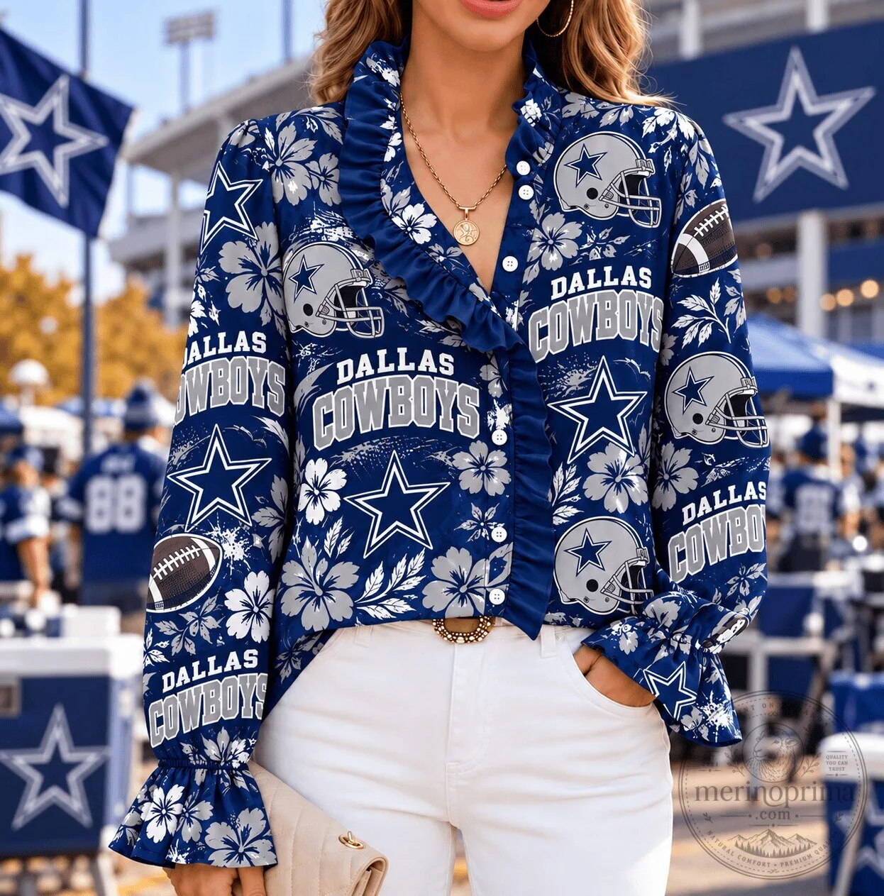 Dallas Cowboys Football Team Floral Pattern Ruffle Long-Sleeve Blouse