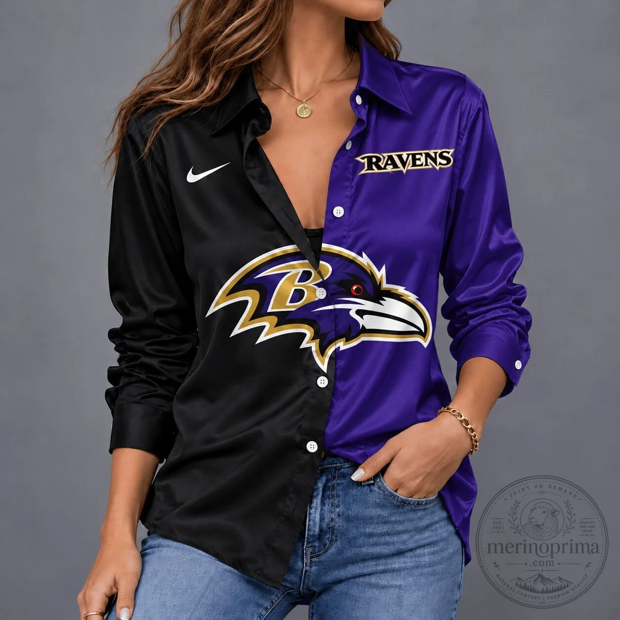 Baltimore Ravens NFL Team Spirit Black Purple Split Design Button Down Shirt