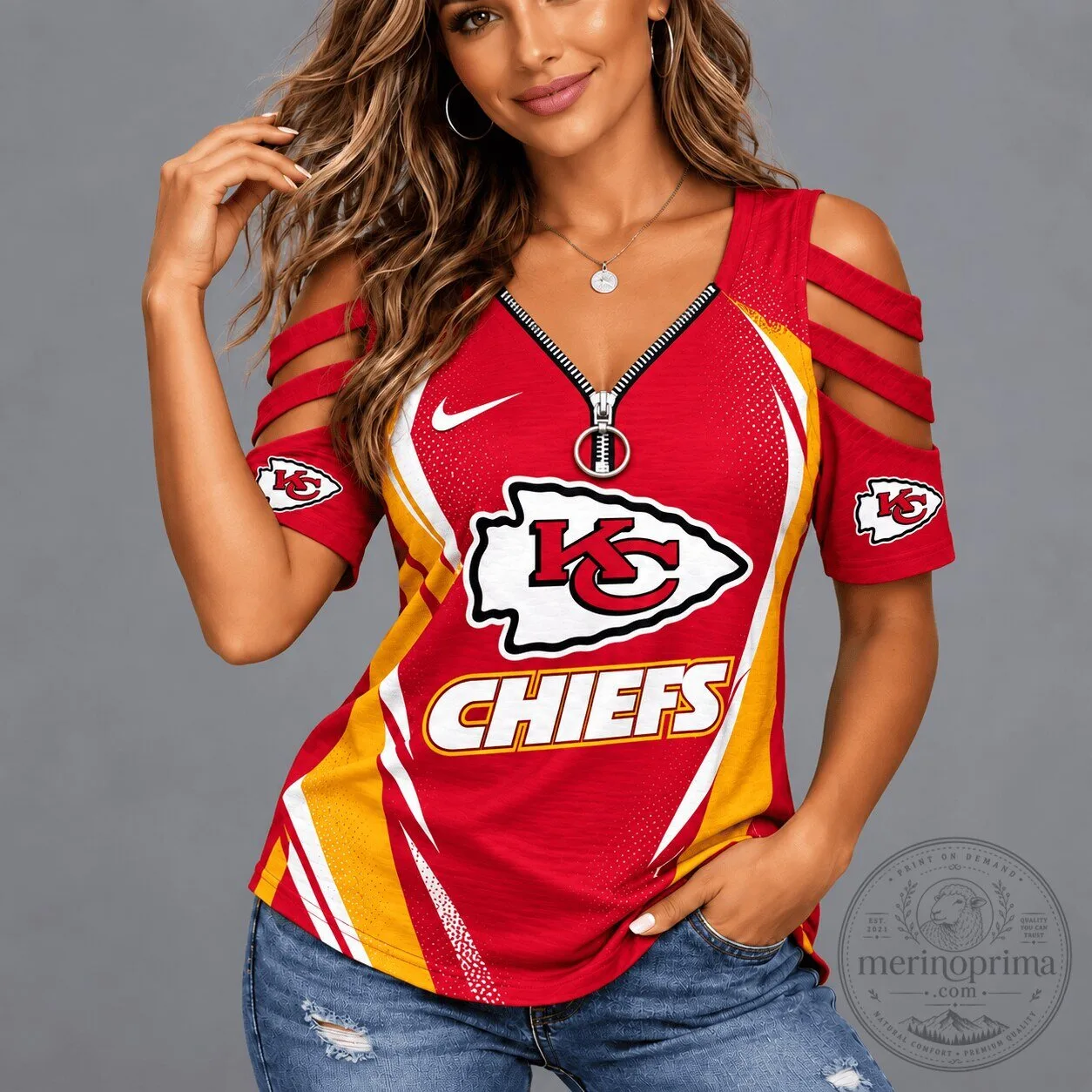 Kansas City Chiefs National Football League Cold Shoulder V-Neck Zipper T-Shirt