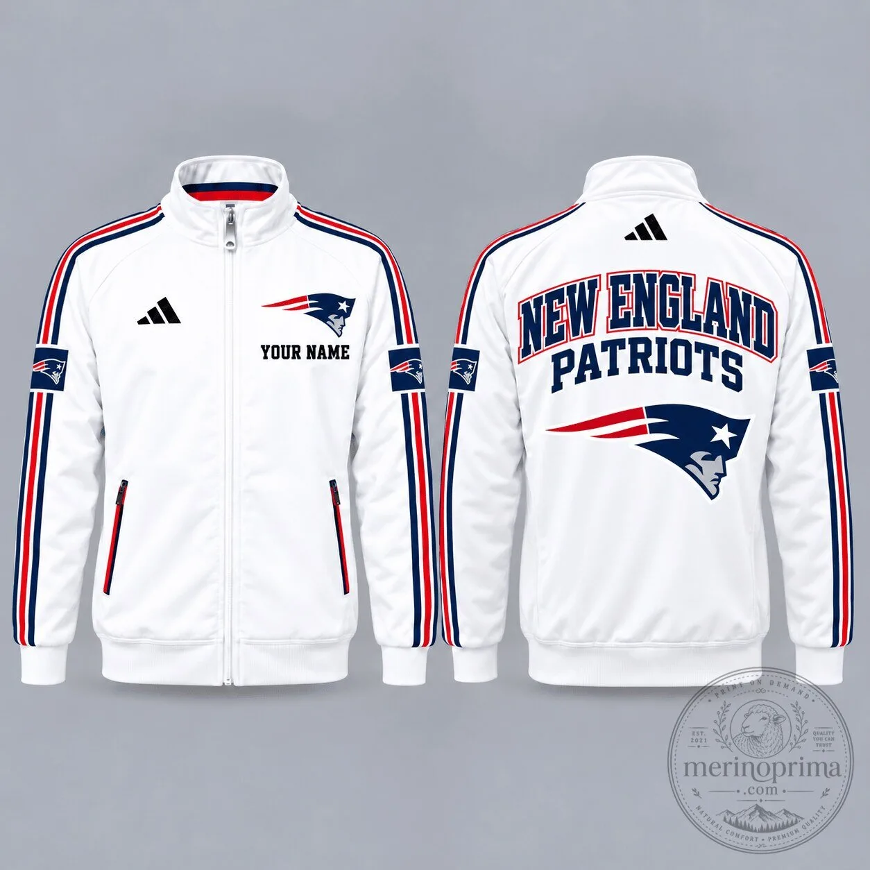 New England Patriots Personalized Full-Zip Track Jacket with Stripes 1 New England Patriots Personalized Full-Zip Track Jacket with Stripes