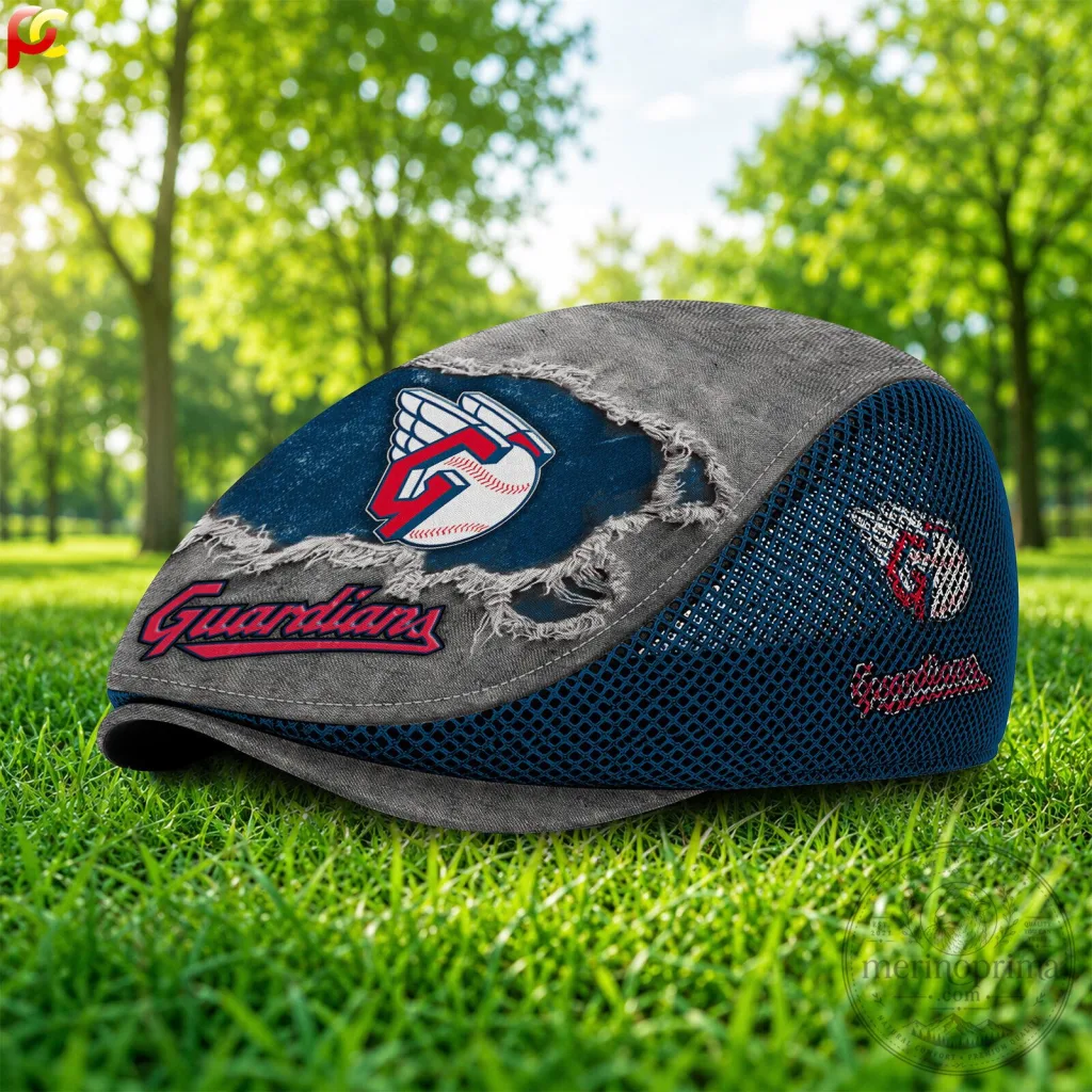 Cleveland Guardians Distressed Mesh Flat Cap Hat Cleveland Guardians Distressed Mesh Flat Cap Hat