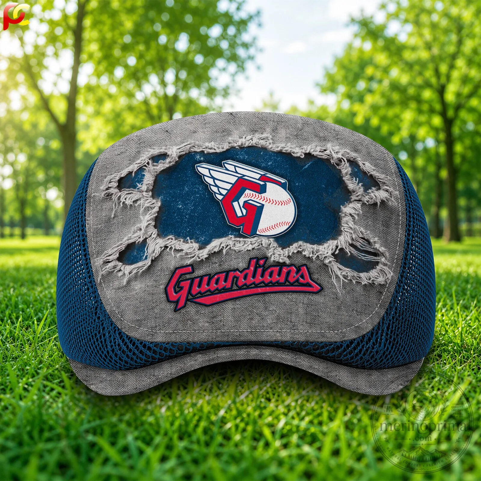 Cleveland Guardians Distressed Mesh Flat Cap Hat 10 Cleveland Guardians Distressed Mesh Flat Cap Hat