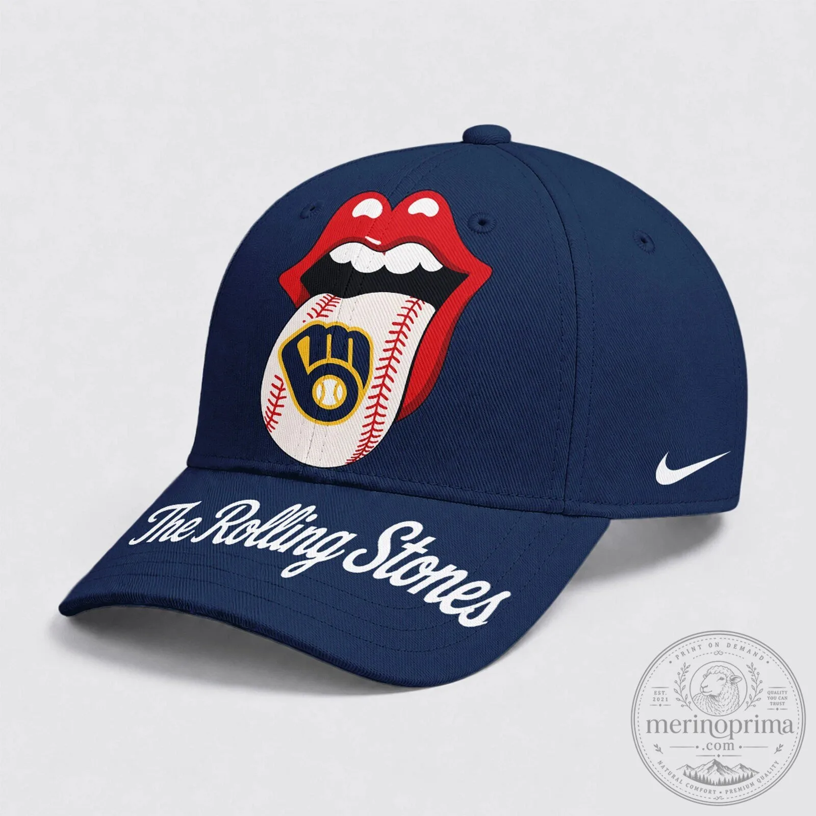Milwaukee Brewers Baseball The Rolling Stones Tongue Logo Navy Blue Cap Hat