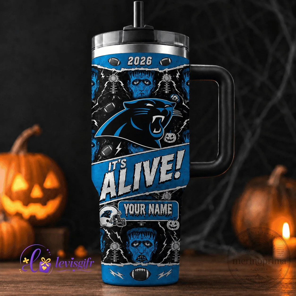 Carolina Panthers Halloween Frankenstein Monster Personalized Tumbler