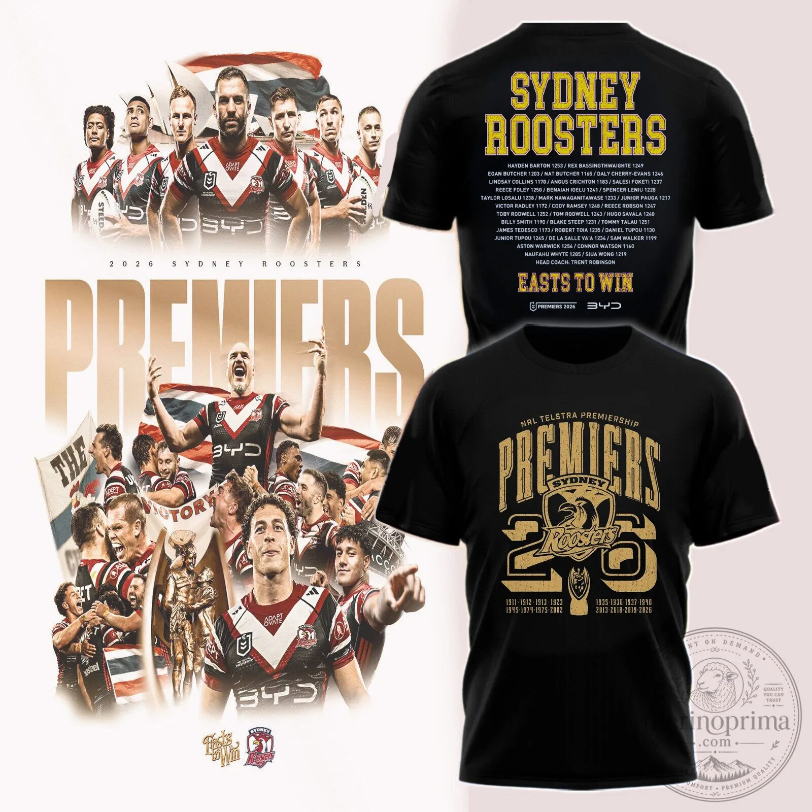 Black T-Shirt for 2026 Sydney Roosters National Rugby League Premiers