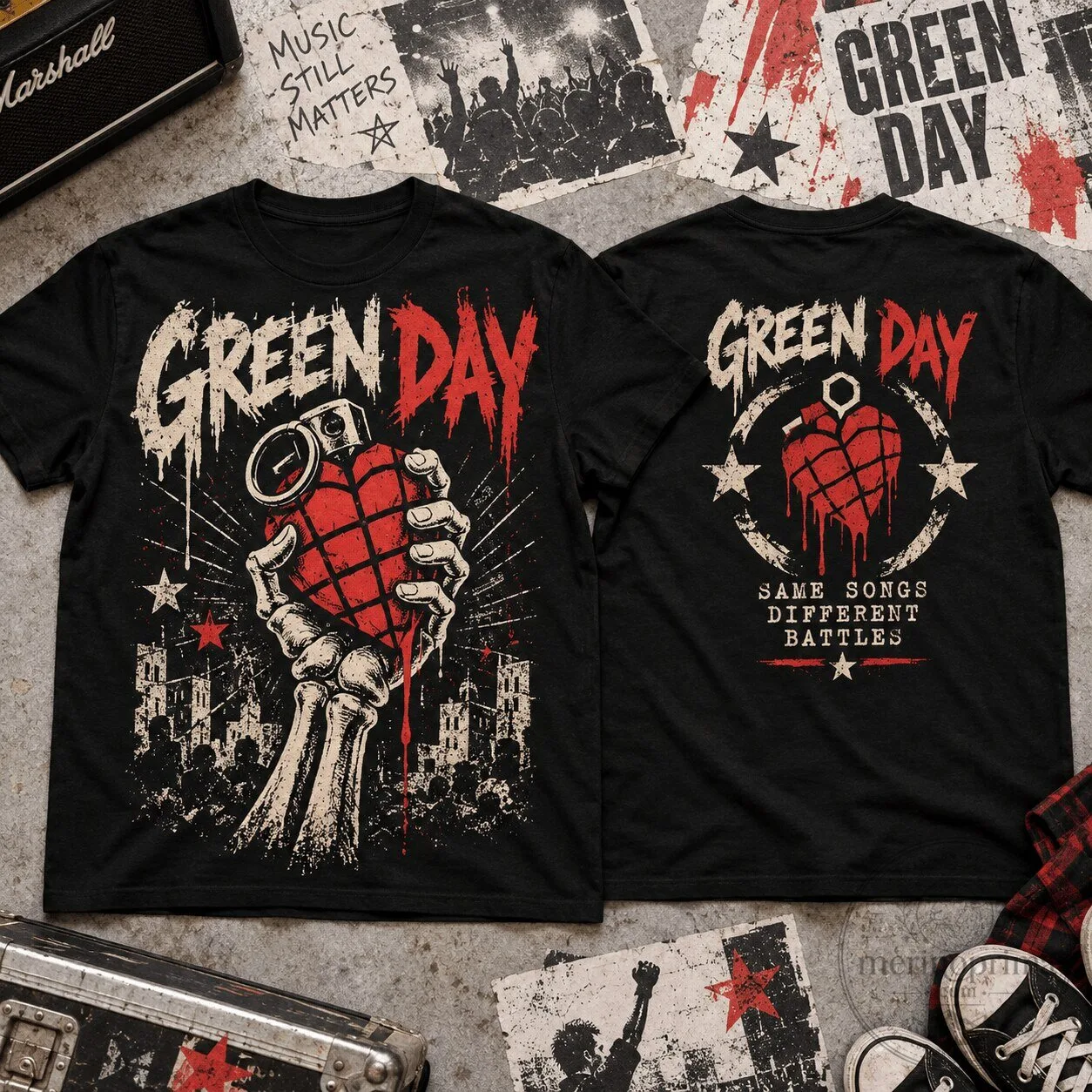 Green Day American Idiot Heart Grenade Skeleton Hand Rock Band T-Shirt