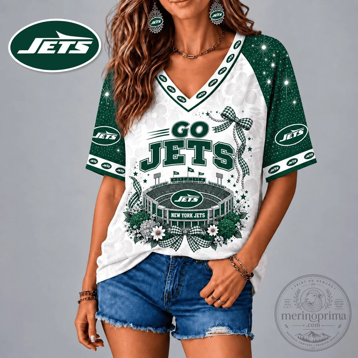 New York Jets Patriotic Floral Stadium V-Neck T-Shirt for Women