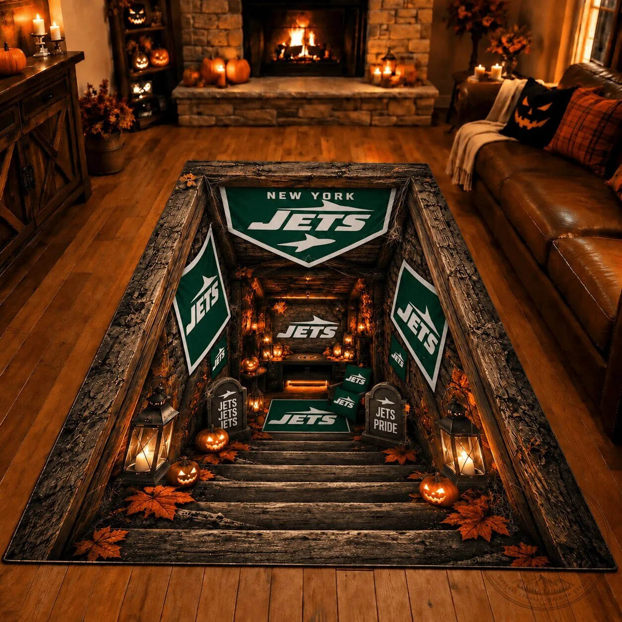 New York Jets Halloween Football Fan Cave Area Rug 1 New York Jets Halloween Football Fan Cave Area Rug