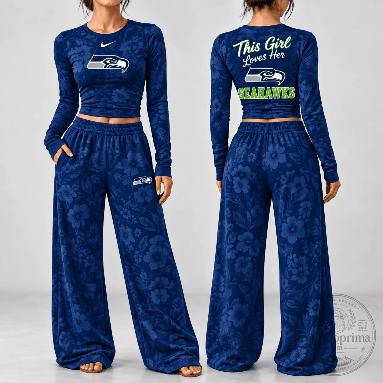 Seattle Seahawks Women's Floral Print Long Sleeve Shirt and Pants Pajama Set