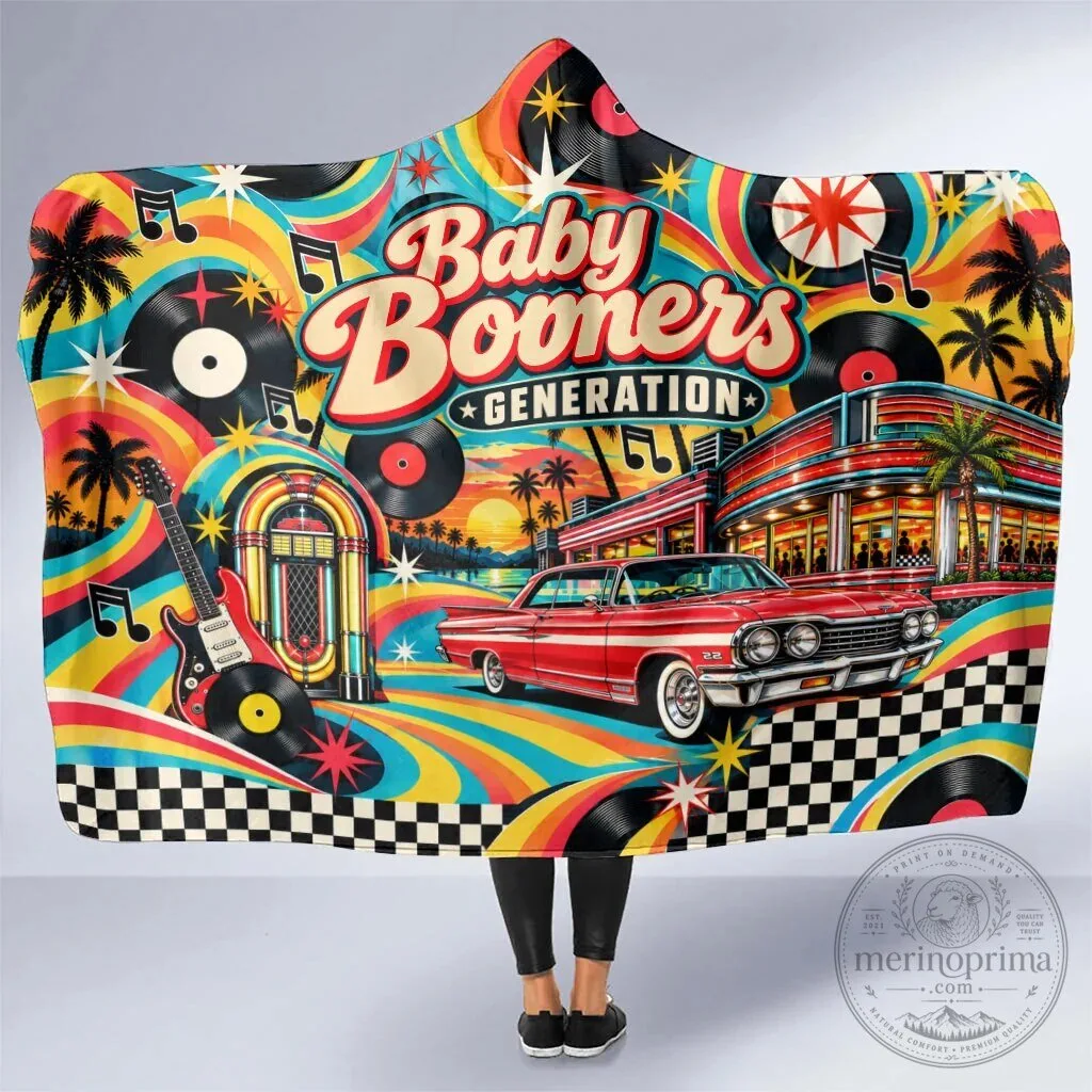 Baby Boomers Generation Vintage Retro Classic Car and Vinyl Records Hooded Blanket