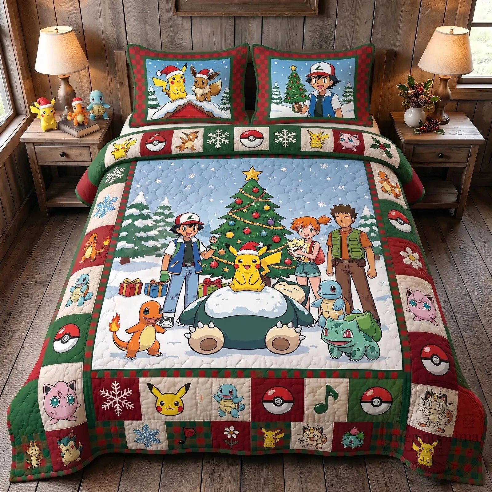 Pokemon Christmas Holiday Winter Scene Quilt Bedding Set with Pikachu