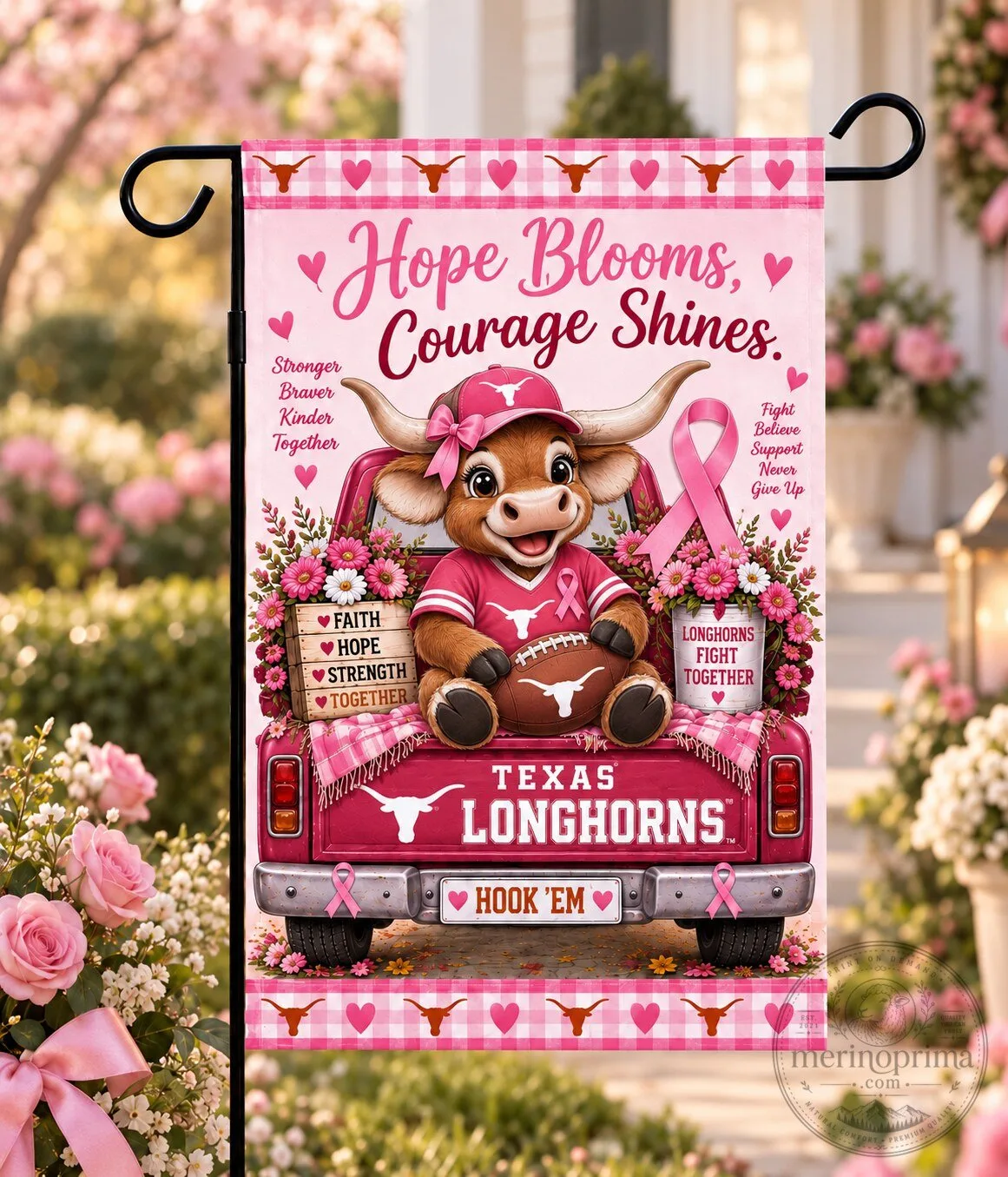 Texas Longhorns Breast Cancer Awareness Hope Blooms Courage Shines Garden Flag