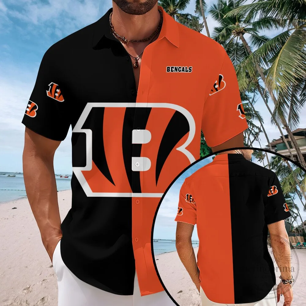 Cincinnati Bengals Black Orange Split Design Short Sleeve Button Down Hawaiian Shirt