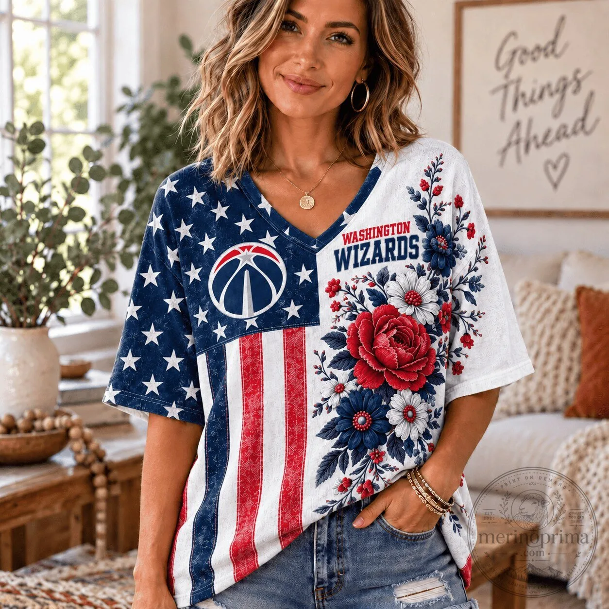 Washington Wizards NBA Fan Shirt for Women - Patriotic Floral V-Neck T-Shirt