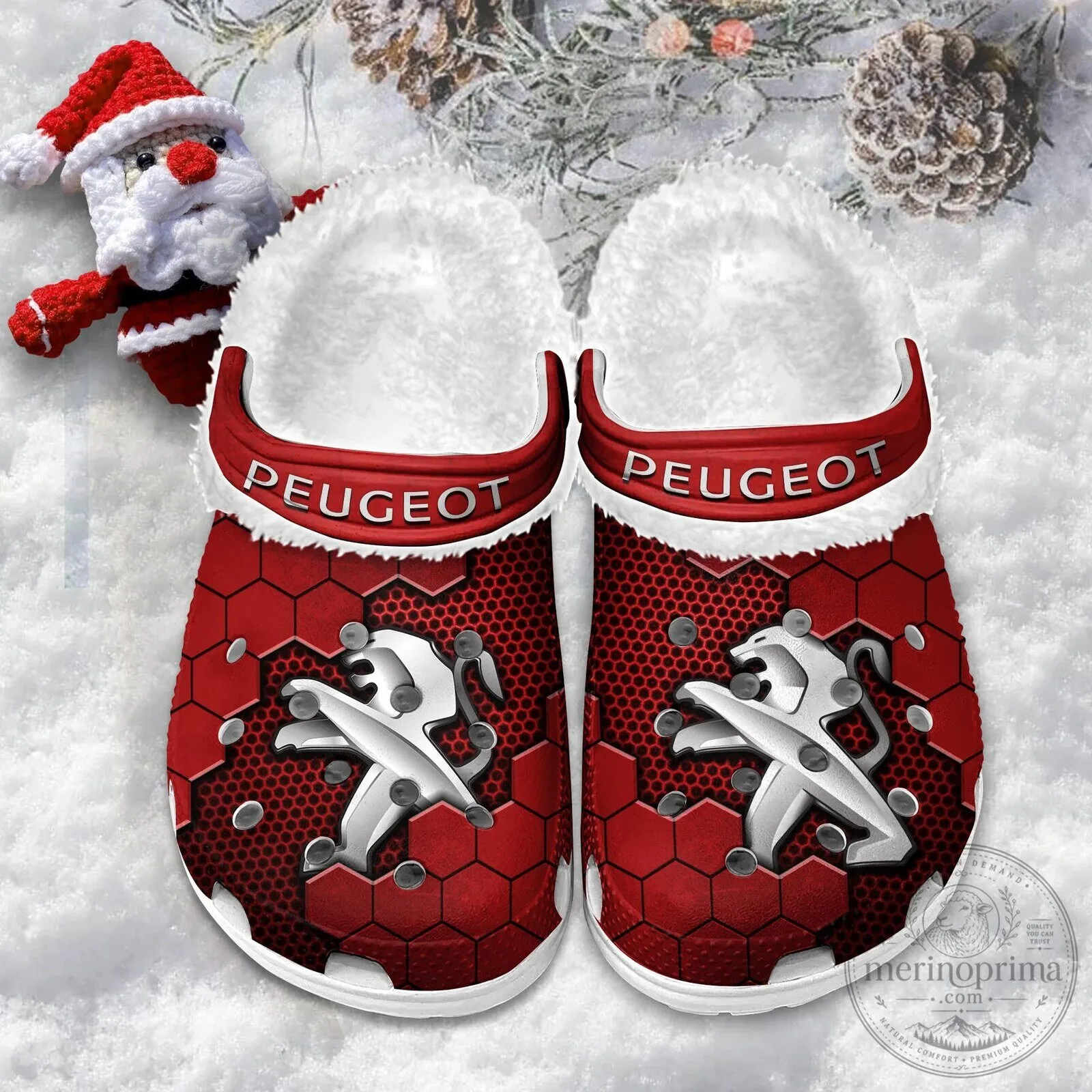 Peugeot Car Logo Red Hexagon Pattern Fur-Lined Clogs Shoes