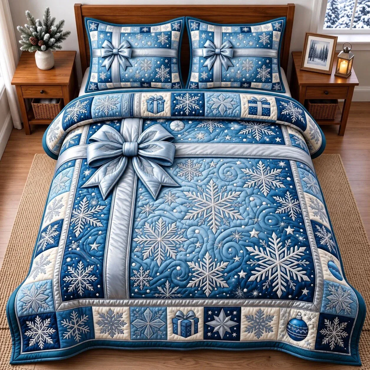 Christmas Snowflake Quilted Bedding Set with Gift Bow Design