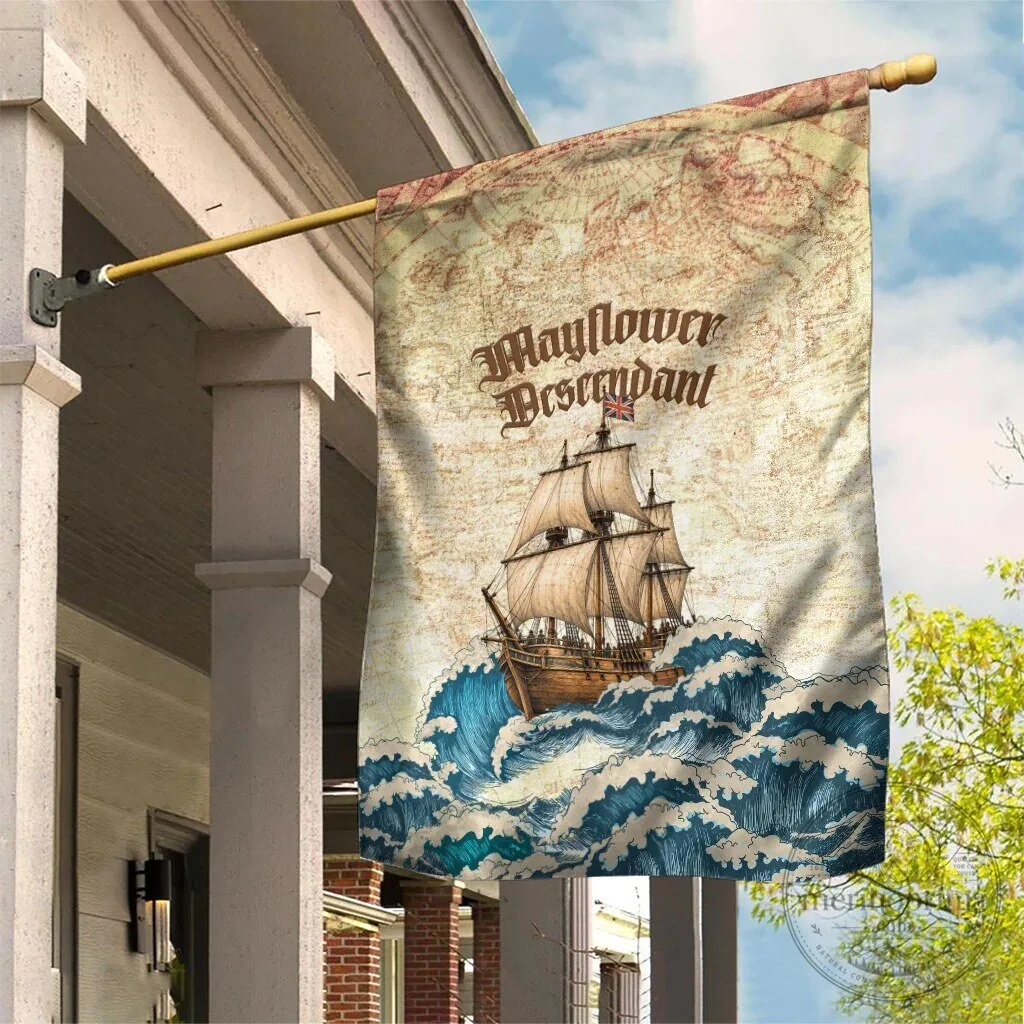 Mayflower Descendant Ship Vintage Nautical Map Ocean Waves Garden Flag