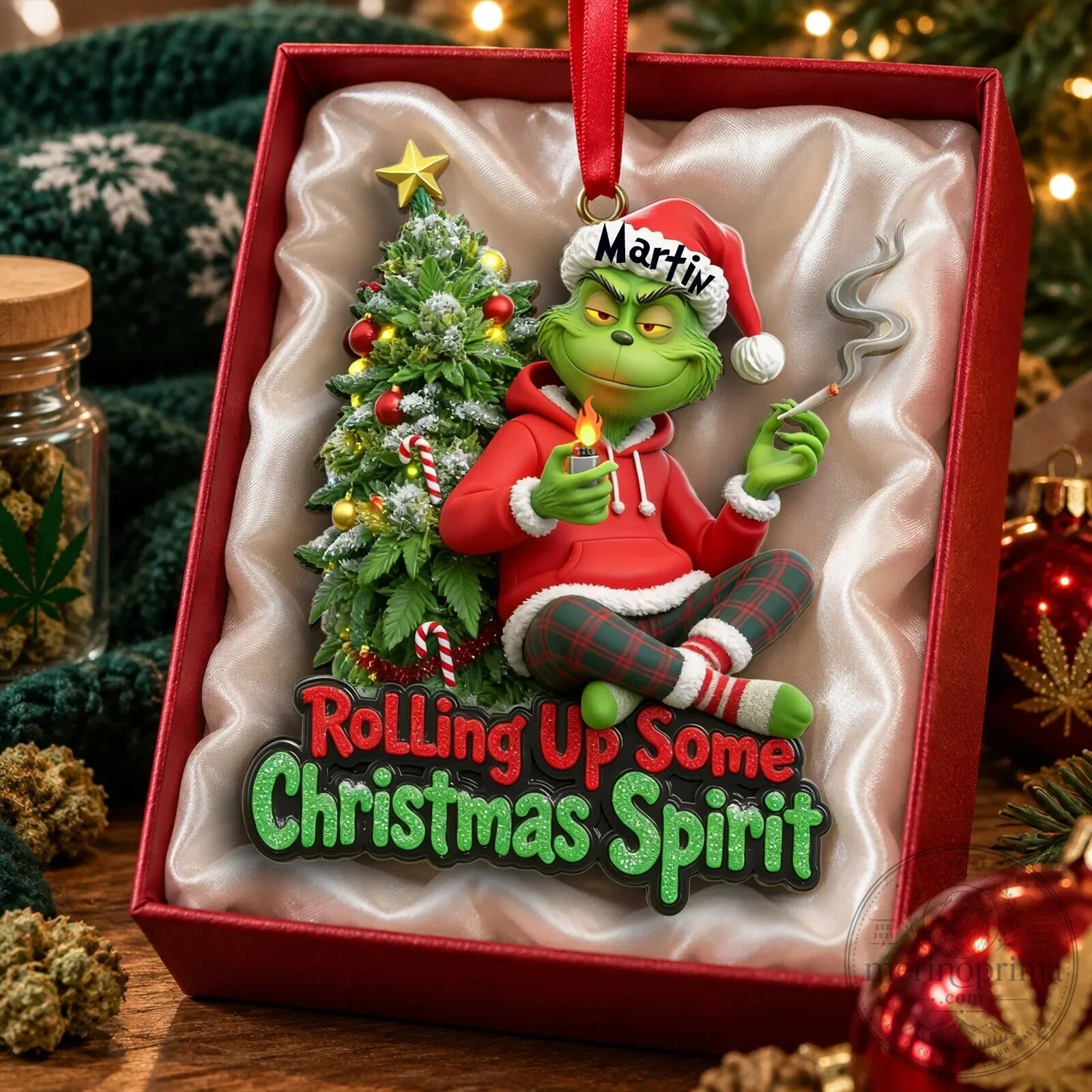 Grinch Rolling Up Some Christmas Spirit Personalized Christmas Ornament