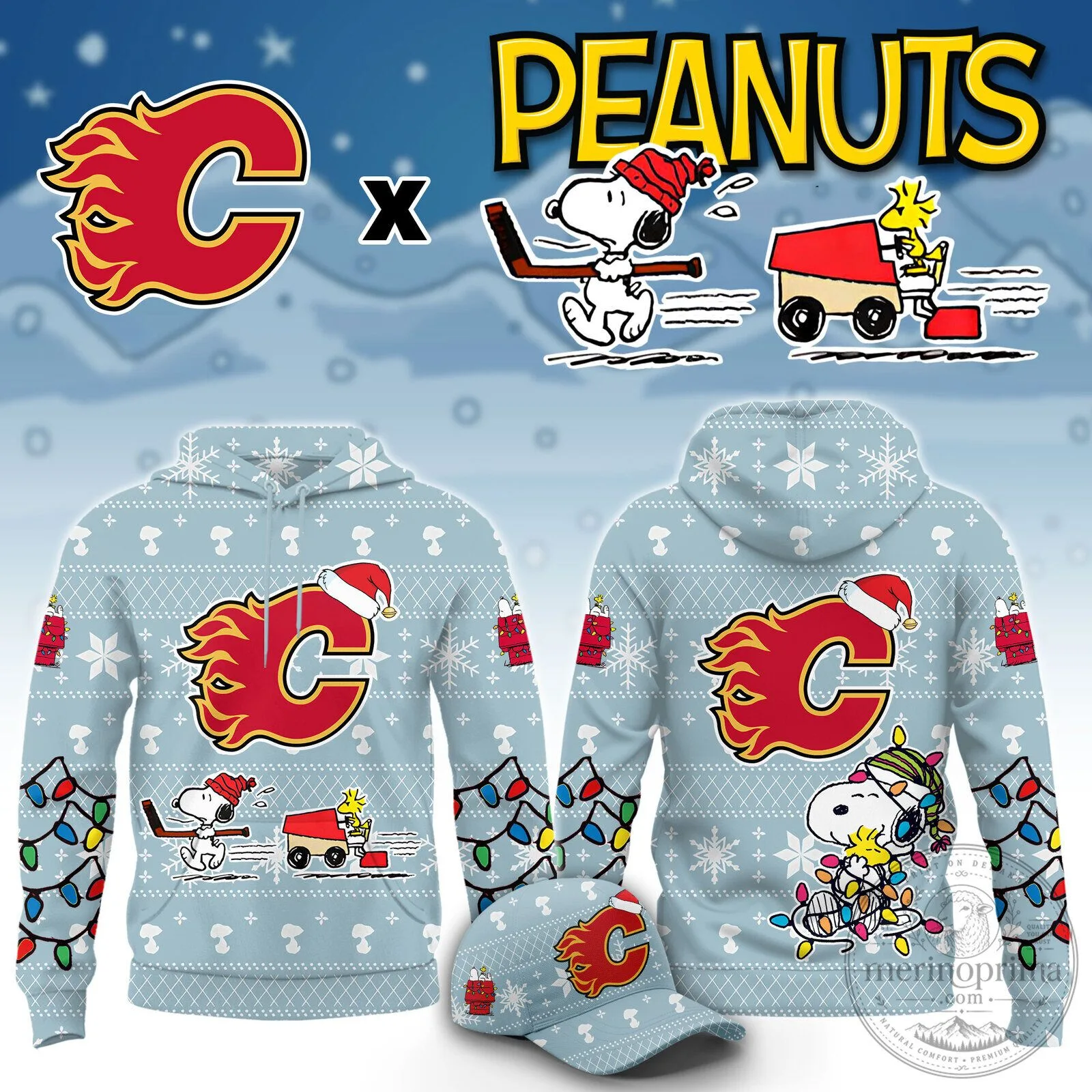 Calgary Flames Snoopy and Woodstock Christmas Holiday Hoodie