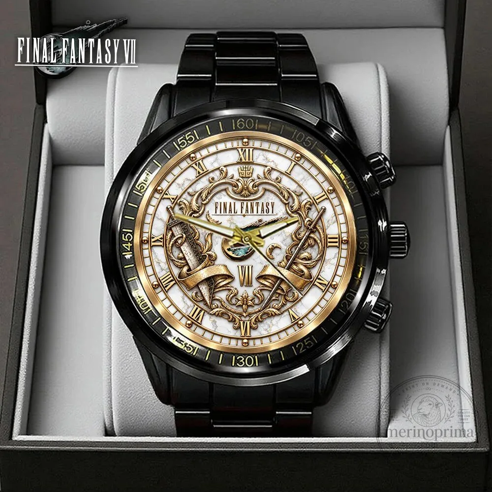 Final Fantasy VII Black Stainless Steel Wristwatch with Gold Accents