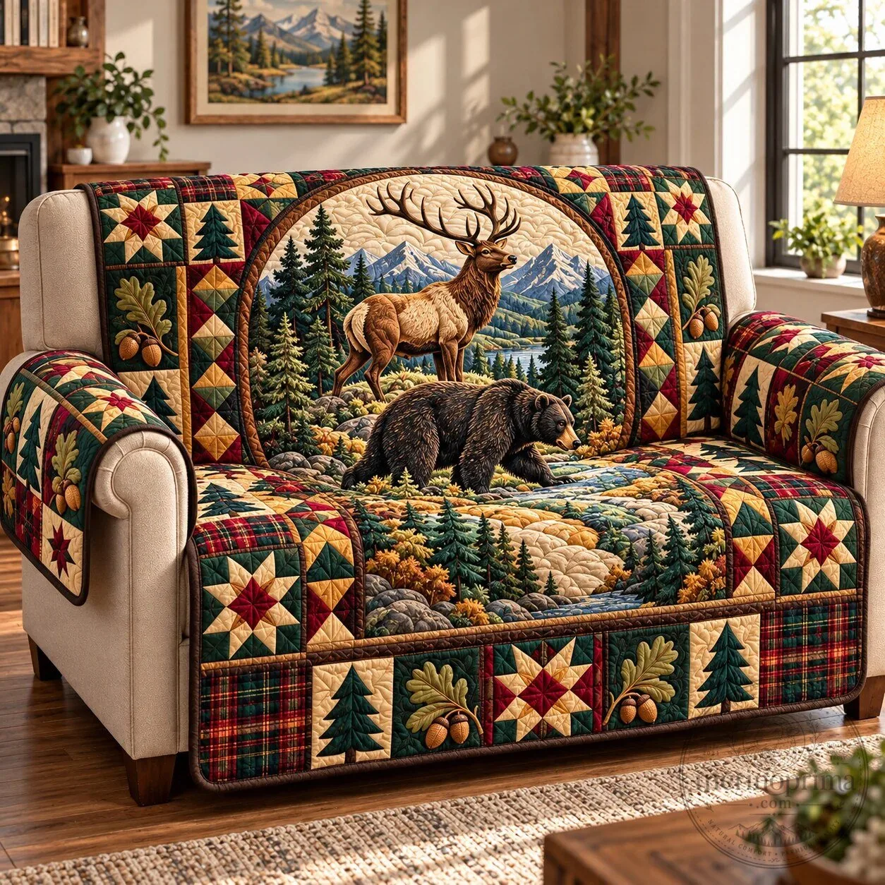 Rustic Woodland Elk and Bear Quilted Sofa Cover for Cabin Decor