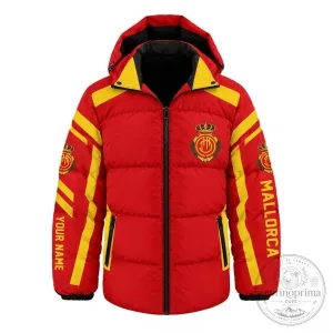 Mallorca La Liga Football Club Custom Name Red and Yellow Puffer Jacket