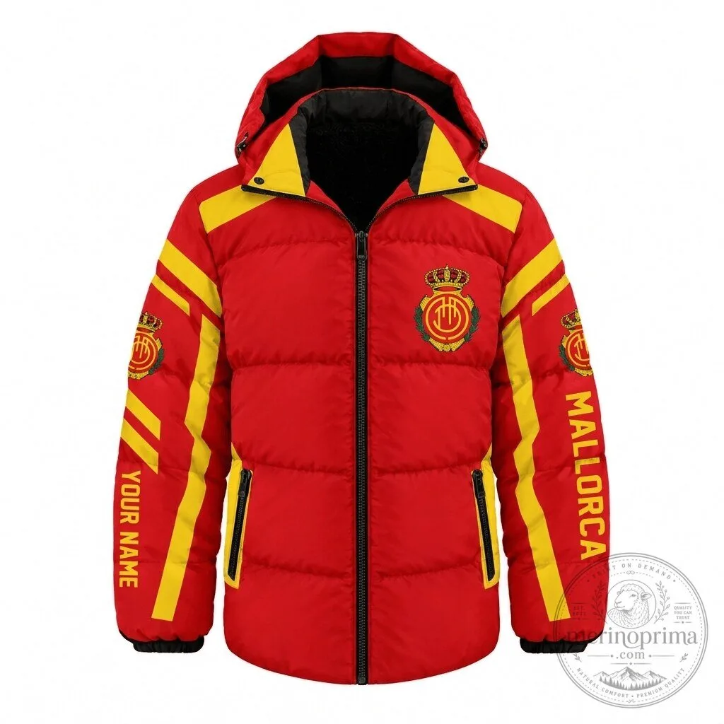 Mallorca La Liga Football Club Custom Name Red and Yellow Puffer Jacket