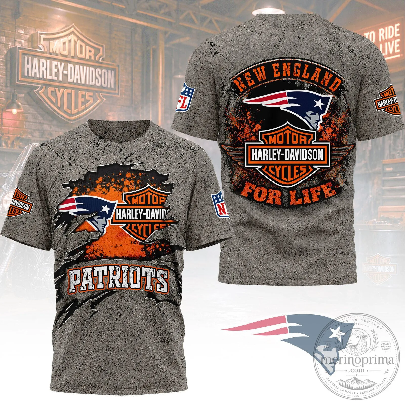New England Patriots Harley Davidson Cycles For Life NFL Football T-Shirt