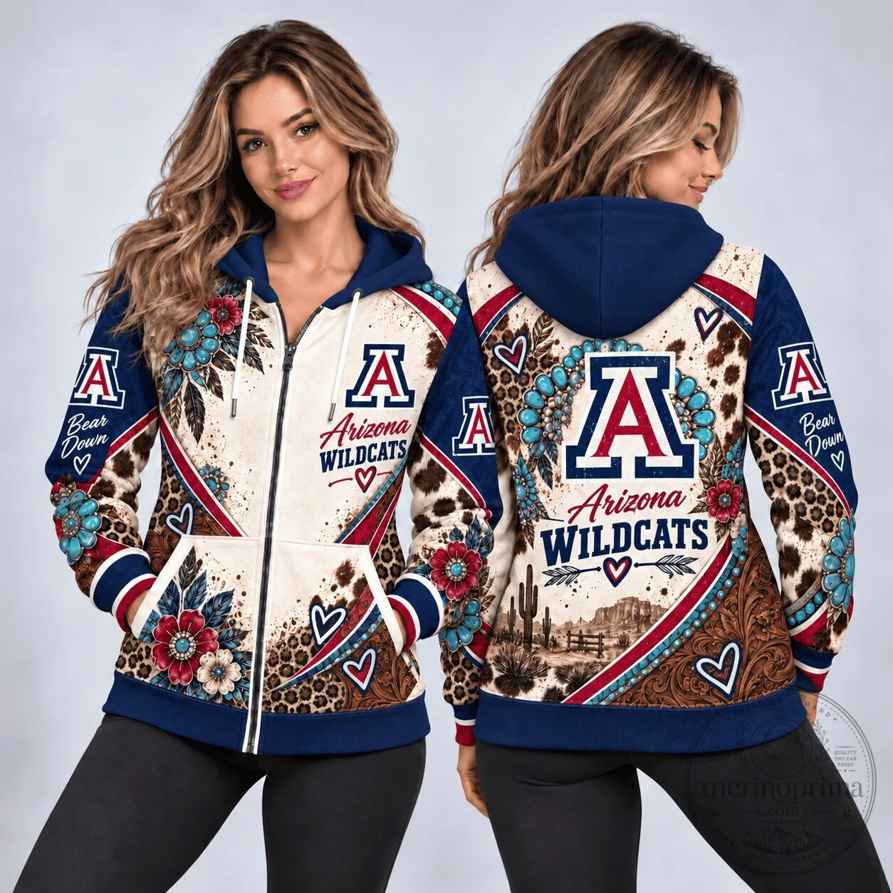Arizona Wildcats Western Boho Floral Leopard Print Full-Zip Hoodie