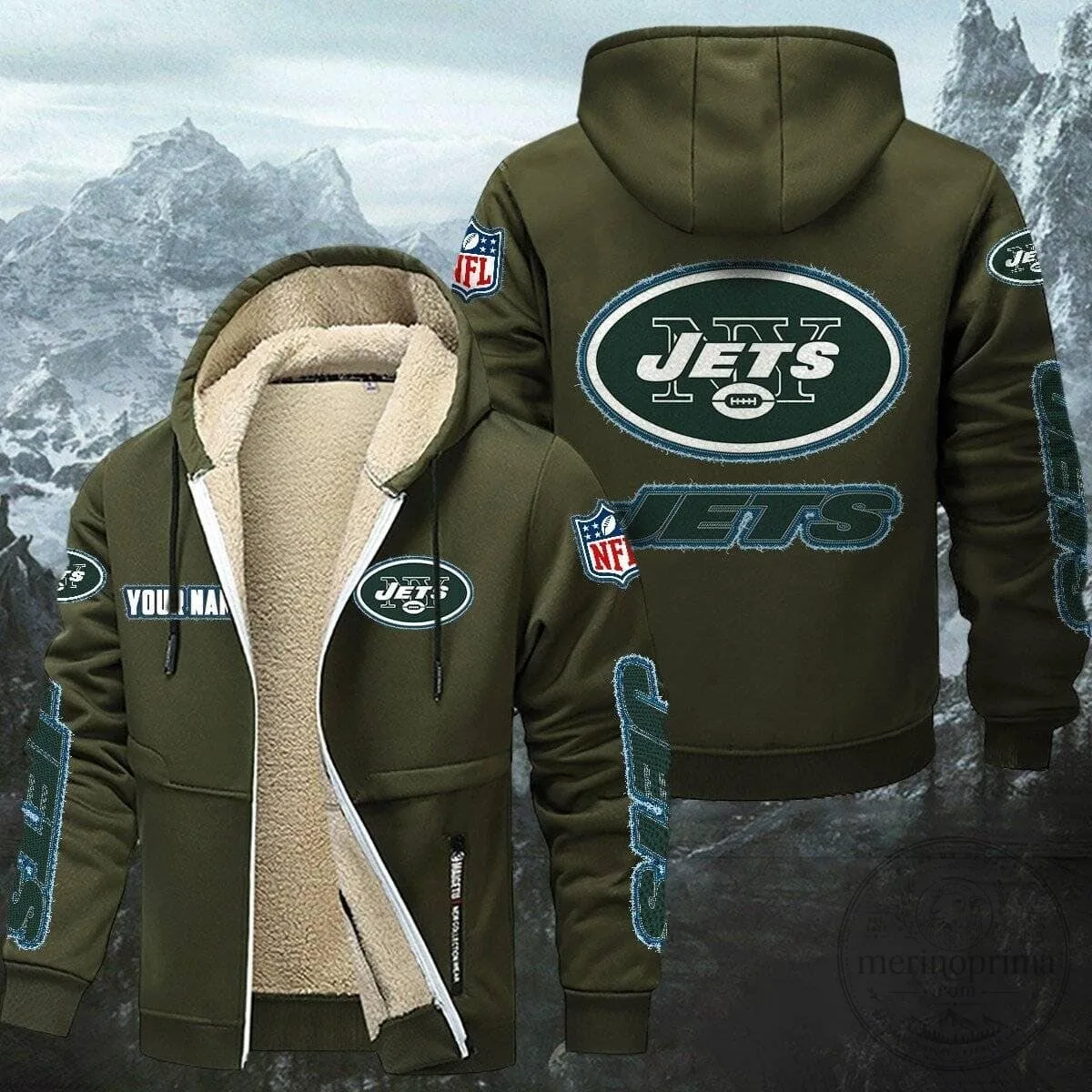New York Jets Football Team Logo Sherpa Lined Full Zip Hoodie
