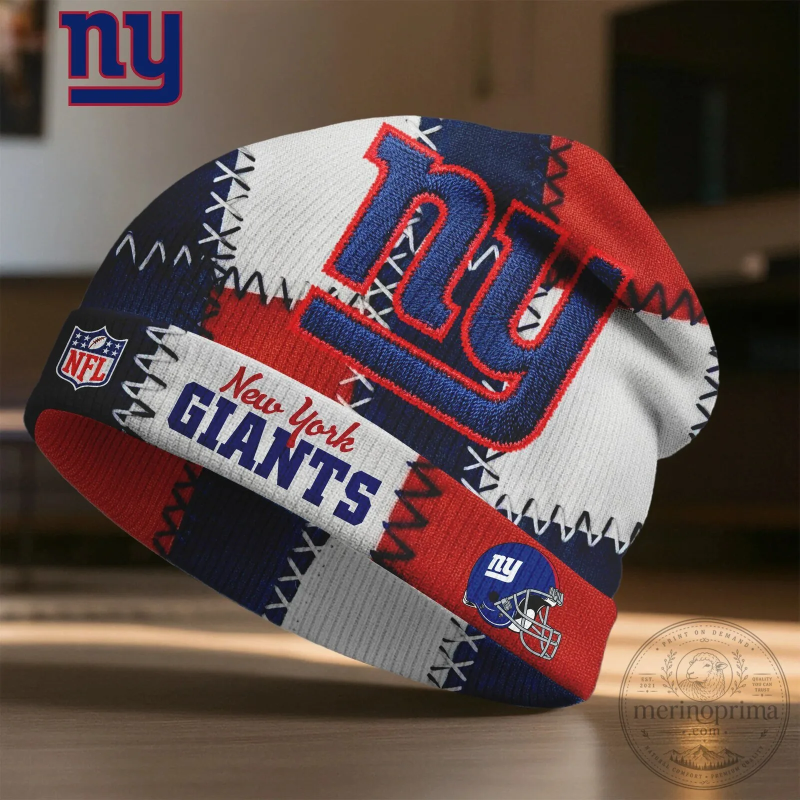 New York Giants NFL Patchwork Design Knit Beanie Hat
