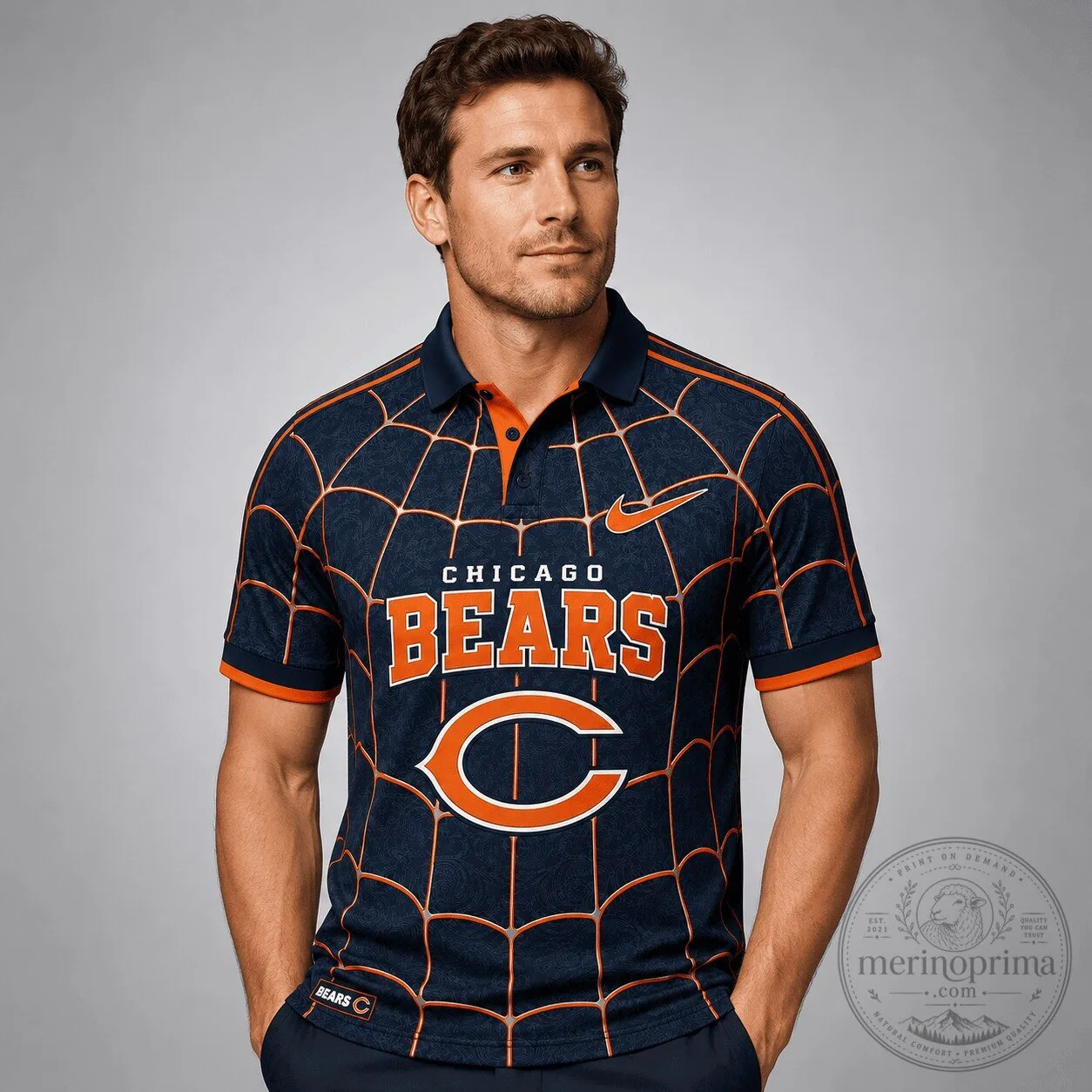 Chicago Bears Spiderweb Pattern NFL Football Team Fan Polo Shirt
