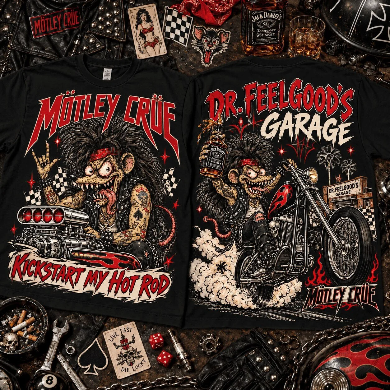 Motley Crue Kickstart My Hot Rod Dr. Feelgood's Garage Graphic T-Shirt
