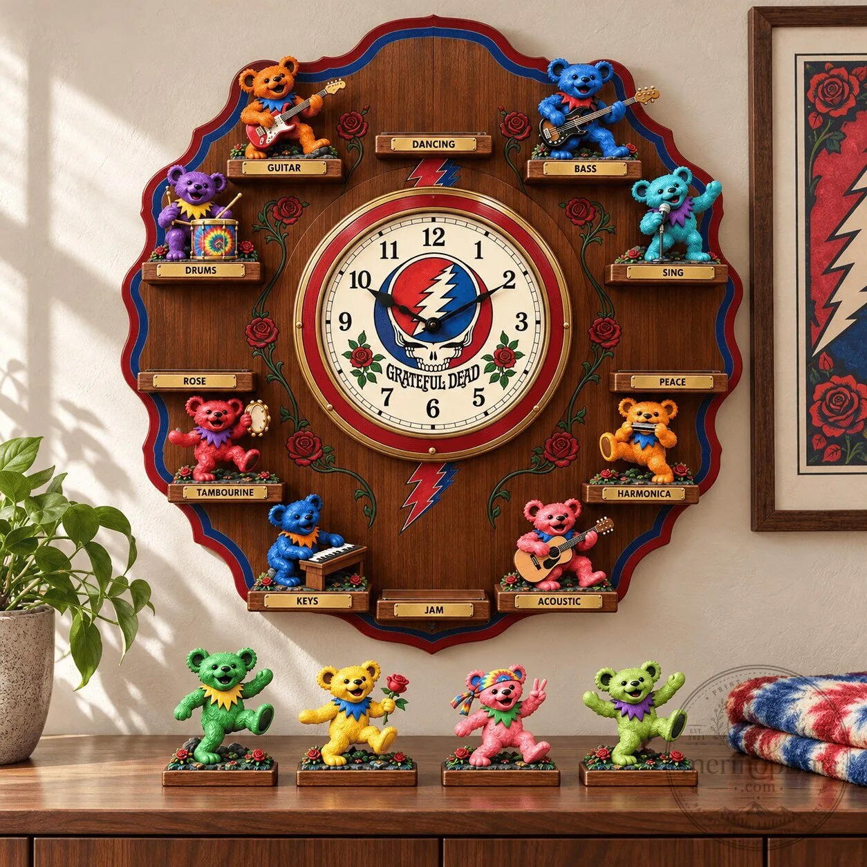 Grateful Dead Dancing Bears Music Band Wall Clock with Sculpted Figurines