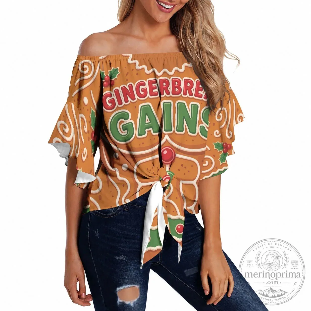 Gingerbread Gains Funny Christmas Off Shoulder Wrap Waist Top for Women