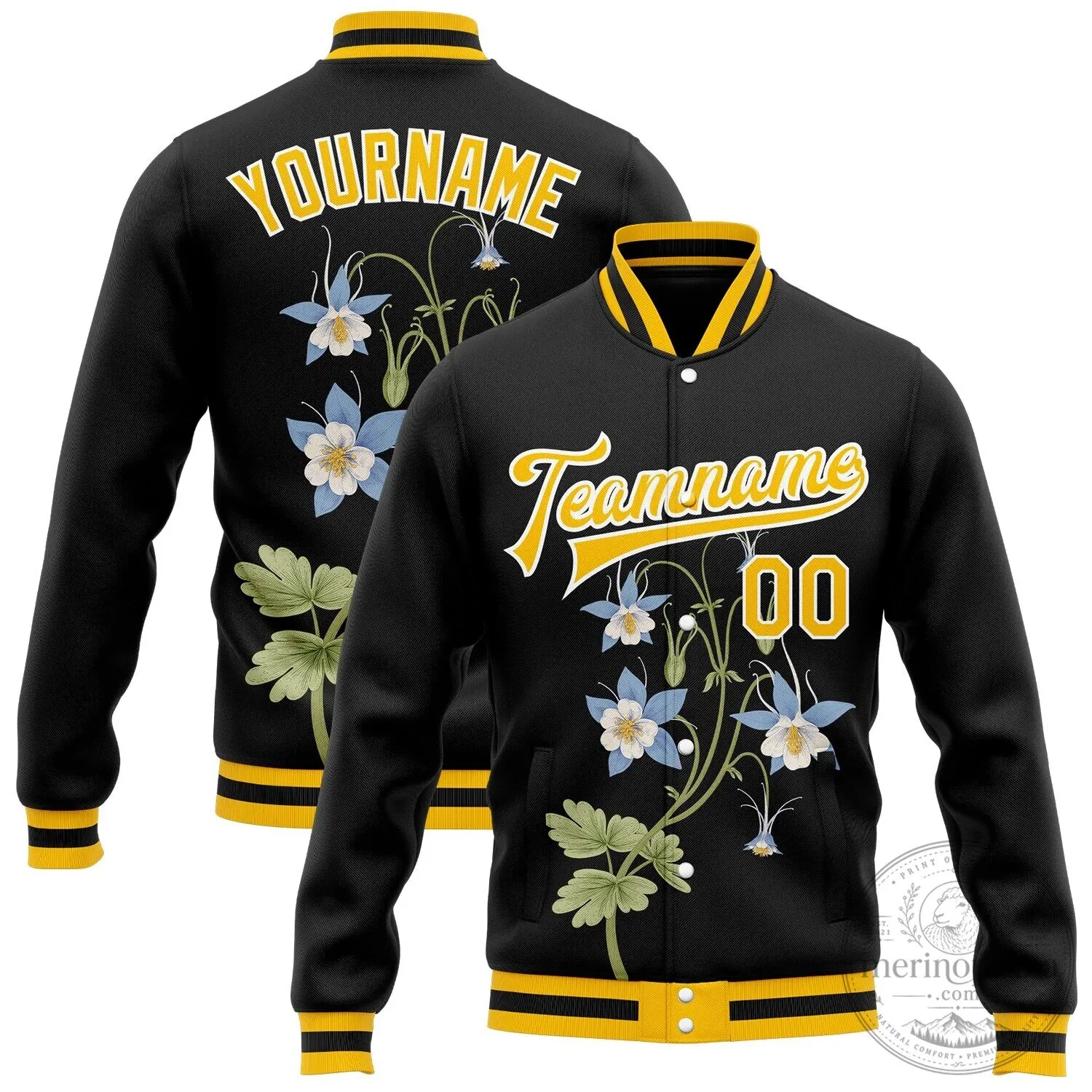 Colorado Rocky Mountain Columbine Flower Custom Black Gold Varsity Jacket 1 Colorado Rocky Mountain Columbine Flower Custom Black Gold Varsity Jacket